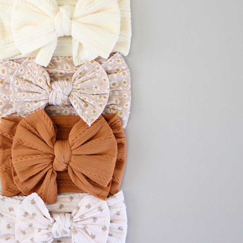 Neutral Baby Bow Headbands, cable knit nylon headband, big bow headbands, FALL sweater bows, baby turbans, newborn baby bows, NEW BOWS image 2