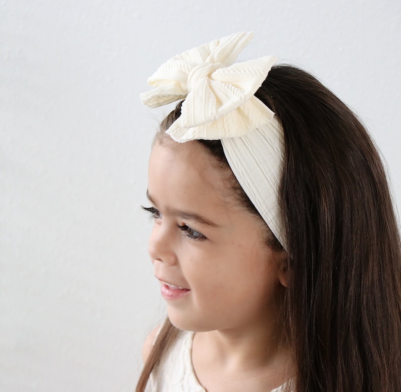 Neutral Baby Bow Headbands, cable knit nylon headband, big bow headbands, FALL sweater bows, baby turbans, newborn baby bows, NEW BOWS image 6