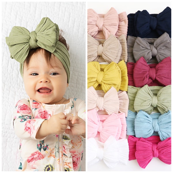 Big Bow Baby Headband, knit nylon headband, infant bow, large bow headwrap, bow turban, cable knit bow, wide nylon headband, HARPER