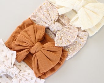 Neutral Baby Bow Headbands, cable knit nylon headband, big bow headbands, FALL sweater bows, baby turbans, newborn baby bows, NEW BOWS