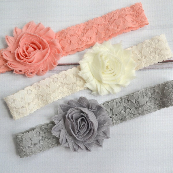 Shabby chic baby lace headband set of 3 headbands, newborn headband, infant headbands, baby hair bow, baby shower gift, newborn photo prop