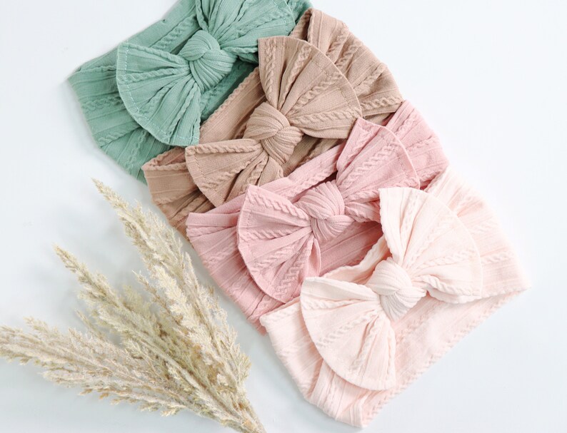 Bow baby headbands, Cable knit baby headbands, newborn baby headbands, baby turbans, baby girl bows, ribbed baby headbands image 1