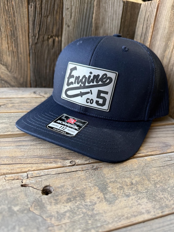 Personalized Firefighter Leather Patch Hat: Navy Trucker Cap - Fireman Hat