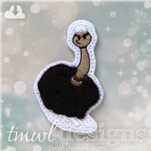 May include: Embroidered patch of an ostrich with a white hat, brown body, and tan neck. The patch is white with a stitched border.