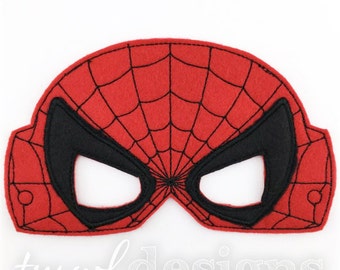 May include: Red felt mask with a black felt spider web design and black felt eye holes.
