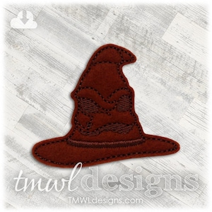 May include: A brown felt wizard hat with a pointed top and a wrinkled, frowning face. The hat is a popular symbol from the Harry Potter series.