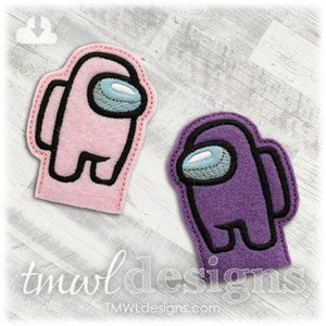 May include: Two felt appliques of the popular video game character Among Us. One is pink and the other is purple.