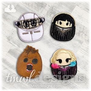 May include: Four embroidered felt patches featuring characters from the movie "The Suicide Squad". The patches are circular and feature Harley Quinn, Rick Flag, Bloodsport, and Peacemaker.