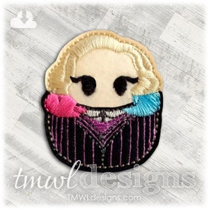 May include: Embroidered patch featuring a cartoon character with blonde hair, black eyes, and a purple and black striped suit. The character has pink and blue accents on their shoulders.
