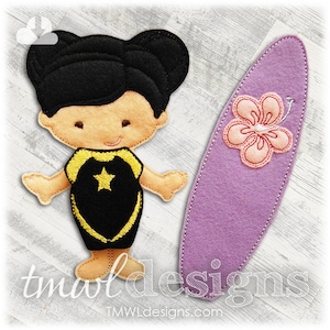 May include: A felt applique of a girl with black hair wearing a black and gold swimsuit and a star. She is holding a purple surfboard with a pink hibiscus flower.