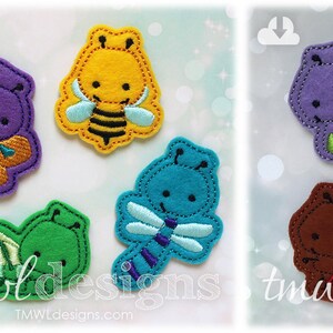 May include: Set of 8 felt applique designs featuring various insects and animals. The designs include a purple butterfly, a yellow bee, a blue dragonfly, a green caterpillar, a purple snail, a green firefly, a brown ant, and a brown worm.