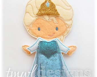 May include: A felt finger puppet of a girl with blonde hair wearing a blue dress and a gold crown with a blue jewel. The puppet is made for children's play.