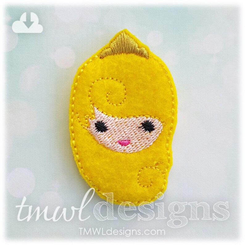 May include: Yellow felt applique of a girl with blonde hair and a pink face. The applique is stitched with black and pink thread.
