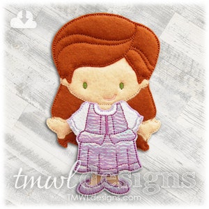 May include: A felt applique of a girl with long brown hair, wearing a purple dress with a white bodice. She has green eyes and a smiling face.