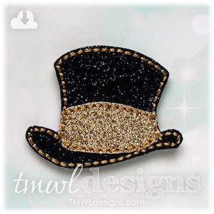May include: A black top hat with a gold glitter band. The hat has a gold stitched trim.
