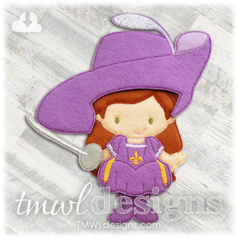 May include: Purple felt applique of a girl wearing a purple hat with a white feather, a purple dress with a gold trim and a gold fleur-de-lis, and holding a silver sword.