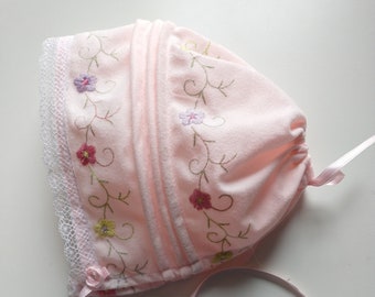Baby Girls Pink Embroidered  Lace Trim Bonnet Size 0-24 M