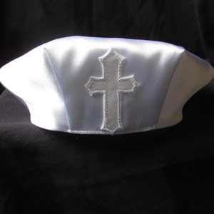 Baby Boy White Cross Satin Christening/Baptism Cap Hat Size 0-18 M
