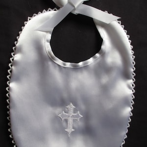 Girls/Boys Christening Baptism Satin or Cotton Scalloped edge Trim and White Cross Design Bib