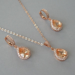 Rose Gold Champagne Crystal Bridal Jewelry Set