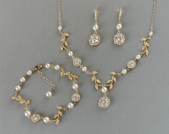 Handmade Bridal Jewelry Set: Austrian Crystal Pearl & Zirconia, Yellow Gold