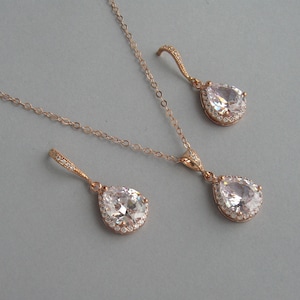 Pear Zirconia Bridal Jewelry Set: Rose Gold Necklace & Earrings Set
