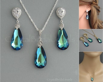 Genuine Swarovski blue crystal jewelry. Rhodium plated, yellow gold plated. Bridesmaid jewelry. Peacock necklace & earrings. For her - CB180