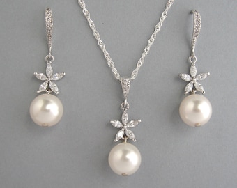 Austrian Crystal Pearl Bridal Jewelry Set: Sterling Silver Flower Necklace & Earrings