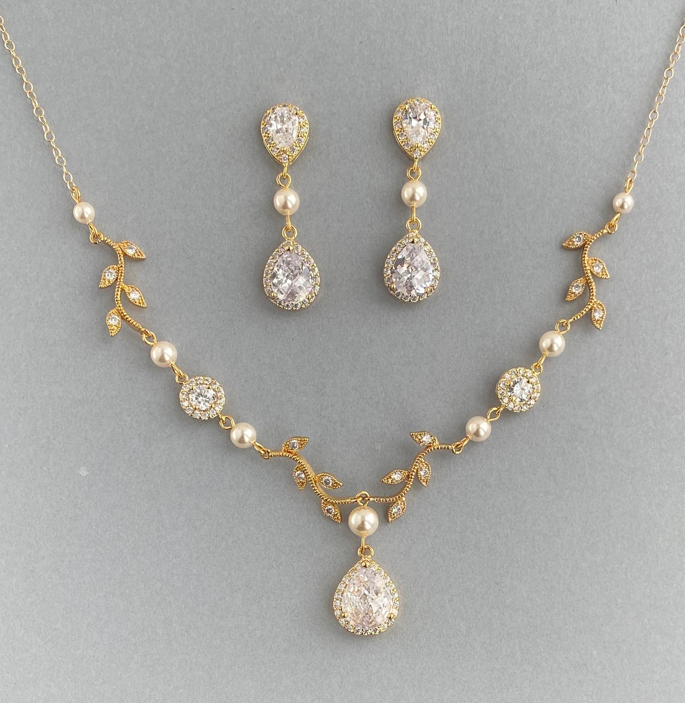 Gold Bridal Jewelry Set: Zirconia Teardrop, Austrian Crystal Pearl