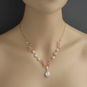 Bridal Leaf Necklace: Zirconia Teardrop, Swarovski Pearl Wedding Jewelry