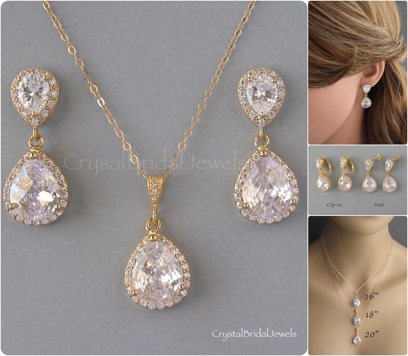 Stud Earrings Bridal Jewelry Yellow Gold Plated Clip Ons CB103 Gold Filled Chain Cubic Zirconia Clear Drop Necklace Bridesmaid Gift