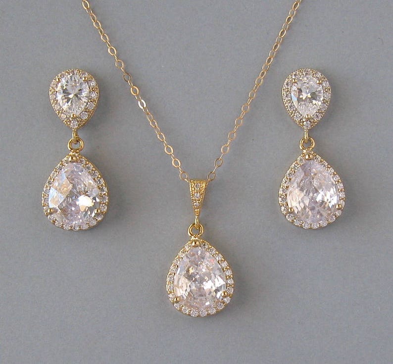 Stud Earrings Bridal Jewelry Yellow Gold Plated Clip Ons CB103 Gold Filled Chain Cubic Zirconia Clear Drop Necklace Bridesmaid Gift