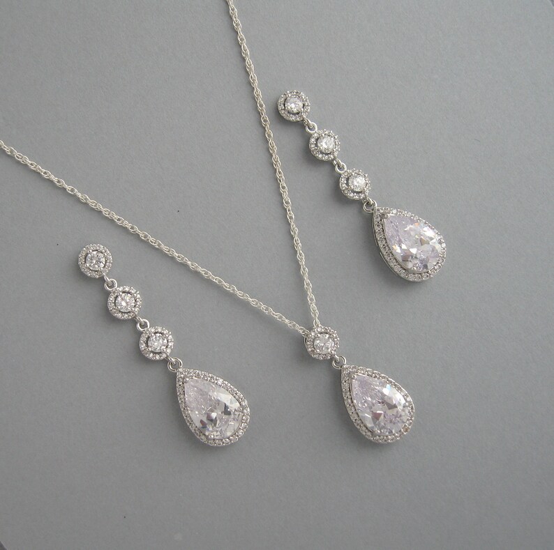 Clear Drop Crystal Set Bridal Jewelry Sterling Silver Chain Rhodium Plated Stud Drop Earrings Cubic Zirconia Bridesmaid Gift CB100