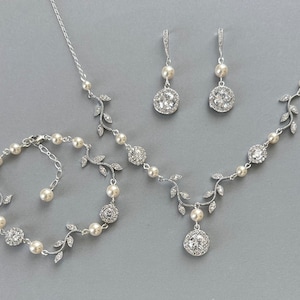 Handmade Swarovski Pearl Bridal Jewelry Set: Zirconia Crystal, Rhodium Plated