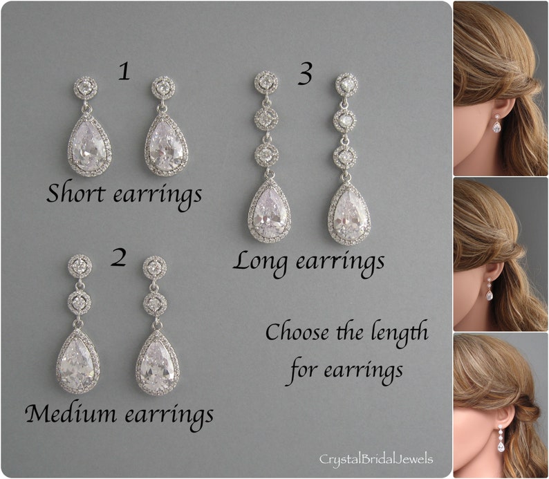 Clear Drop Crystal Set Bridal Jewelry Sterling Silver Chain Rhodium Plated Stud Drop Earrings Cubic Zirconia Bridesmaid Gift CB100