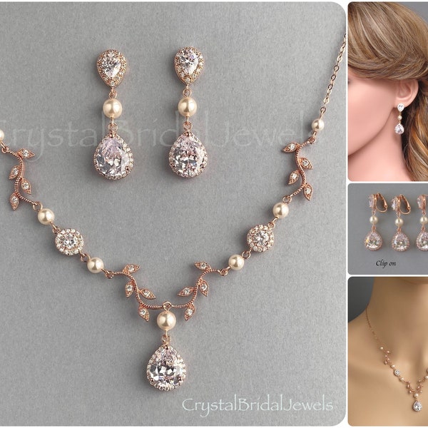Handmade bridal jewelry set. Bridesmaid gift. Rose gold plated jewelry. Cubic Zirconia & Genuine Swarovski pearls. Studs, Clip ons - CB136