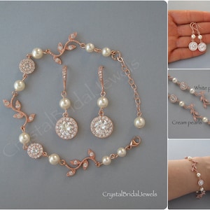 Bridal Jewelry, Bridesmaid Gift, Genuine Swarovski Pearls, Crystal & Pearl Jewelry, Bracelet,Earrings, Set, Leaves, Rose Gold Plated - CB137