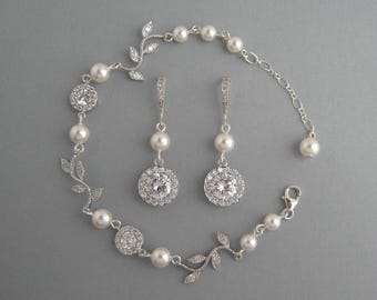 Handmade Austrian Crystal Pearl Bridal Jewelry Set: Leaves Bracelet and Earrings