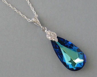 Swarovski Crystal Teardrop Necklace: Bermuda Blue Pendant, Sterling Silver Chain