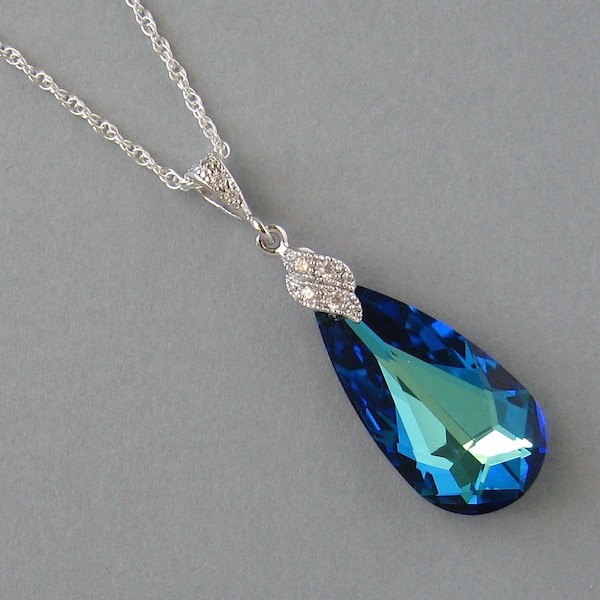 Genuine Swarovski, Teardrop, Swarovski Crystal Blue, Pendant Bridal Necklace, Rhodium Plated, Sterling Silver Chain, Peacock Necklace -CB181