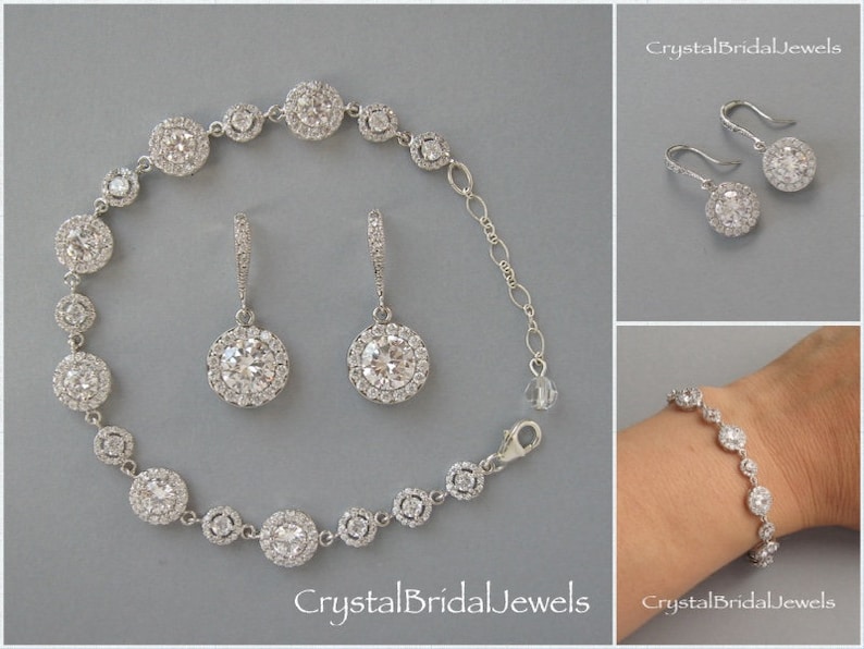 Bracelet and Earrings Set Daisy Gift For Her Bridesmaid Gift Rhodium Plated Bridal Jewelry Wedding Round Zircon Jewelry Set
