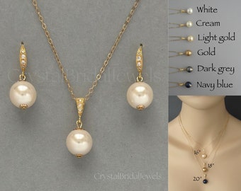 Handmade bridal pearl jewelry. Bridesmaid jewelry set. Genuine Swarovski pearls jewelry. Necklace & earrings set.Gold plated pearl set-CB150