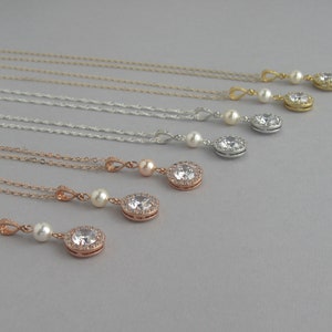 Bridal necklace, bridesmaid gift. Cubic Zirconia & Swarovski pearl necklace.White pearl or cream pearls. Rose gold,rhodium,gold plated-CB146