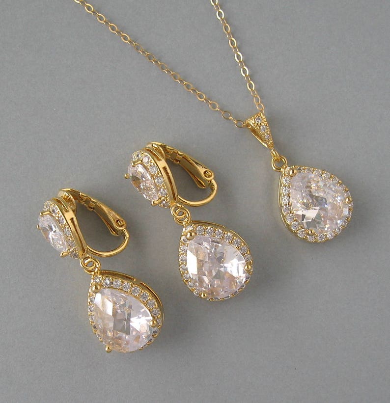 Stud Earrings Bridal Jewelry Yellow Gold Plated Clip Ons CB103 Gold Filled Chain Cubic Zirconia Clear Drop Necklace Bridesmaid Gift