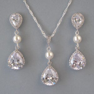 Cubic Zirconia Bridal Jewelry Set: Drop crystal Necklace and Earrings