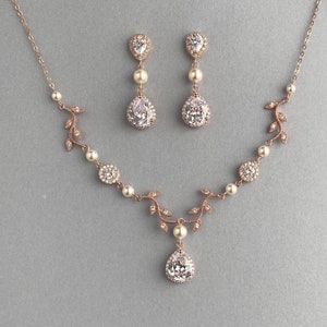 Handmade Rose Gold Bridal Jewelry Set: Zirconia & Crystal Pearl