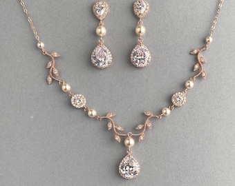 Handmade Rose Gold Bridal Jewelry Set: Zirconia & Crystal Pearl