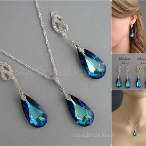 Genuine Swarovski blue crystal set. Rhodium plated or yellow gold plated. Bridesmaid gift. Necklace & earrings set. Gift for her - CB180