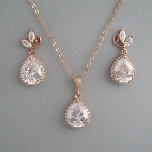 Rose Gold Bridal Jewelry Set: Teardrop Zircon, Stud or Clip-on Earrings