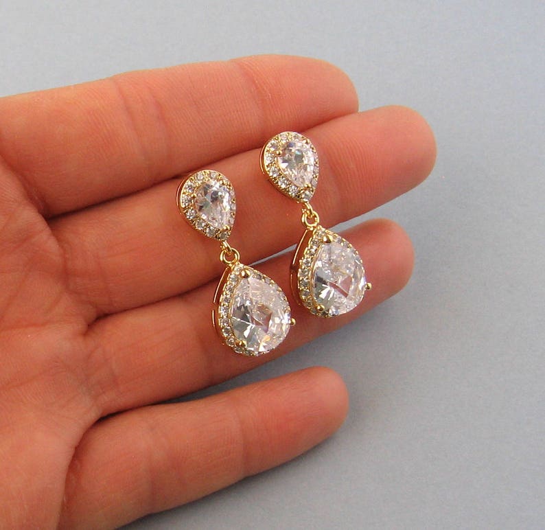 Stud Earrings Bridal Jewelry Yellow Gold Plated Clip Ons CB103 Gold Filled Chain Cubic Zirconia Clear Drop Necklace Bridesmaid Gift